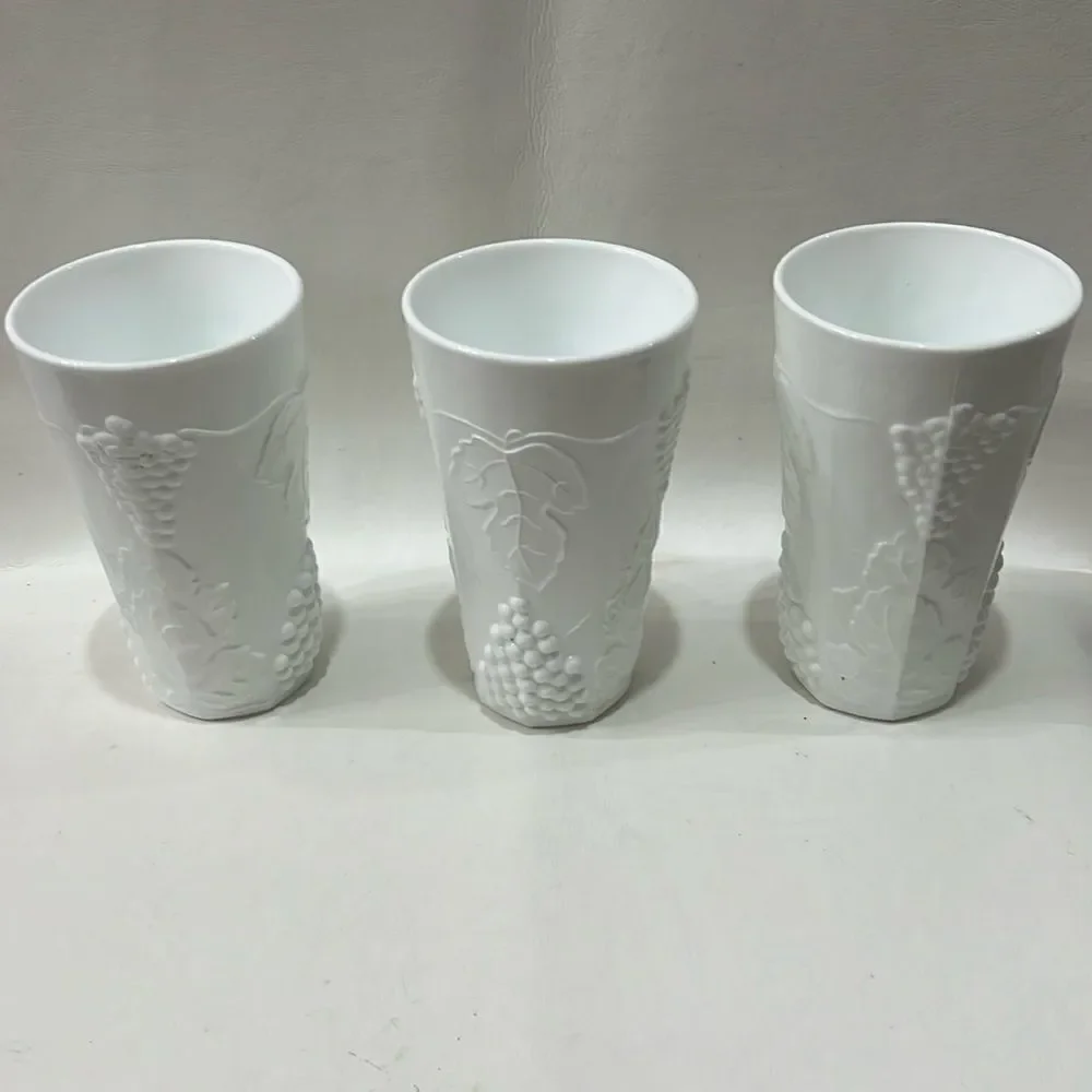 Indiana White Milk Glass Drinking 16 Ounces Glasses Tumblers Raised Grape Leaves